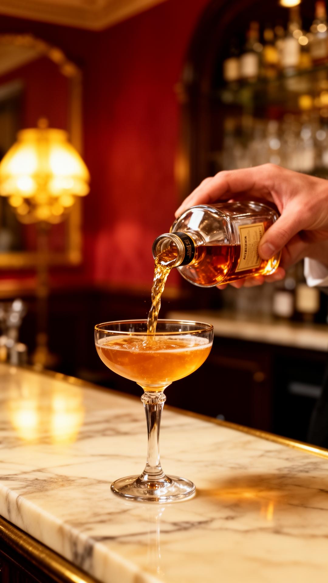 Hand schenkt amber drank in een coupe-glas op marmeren bar