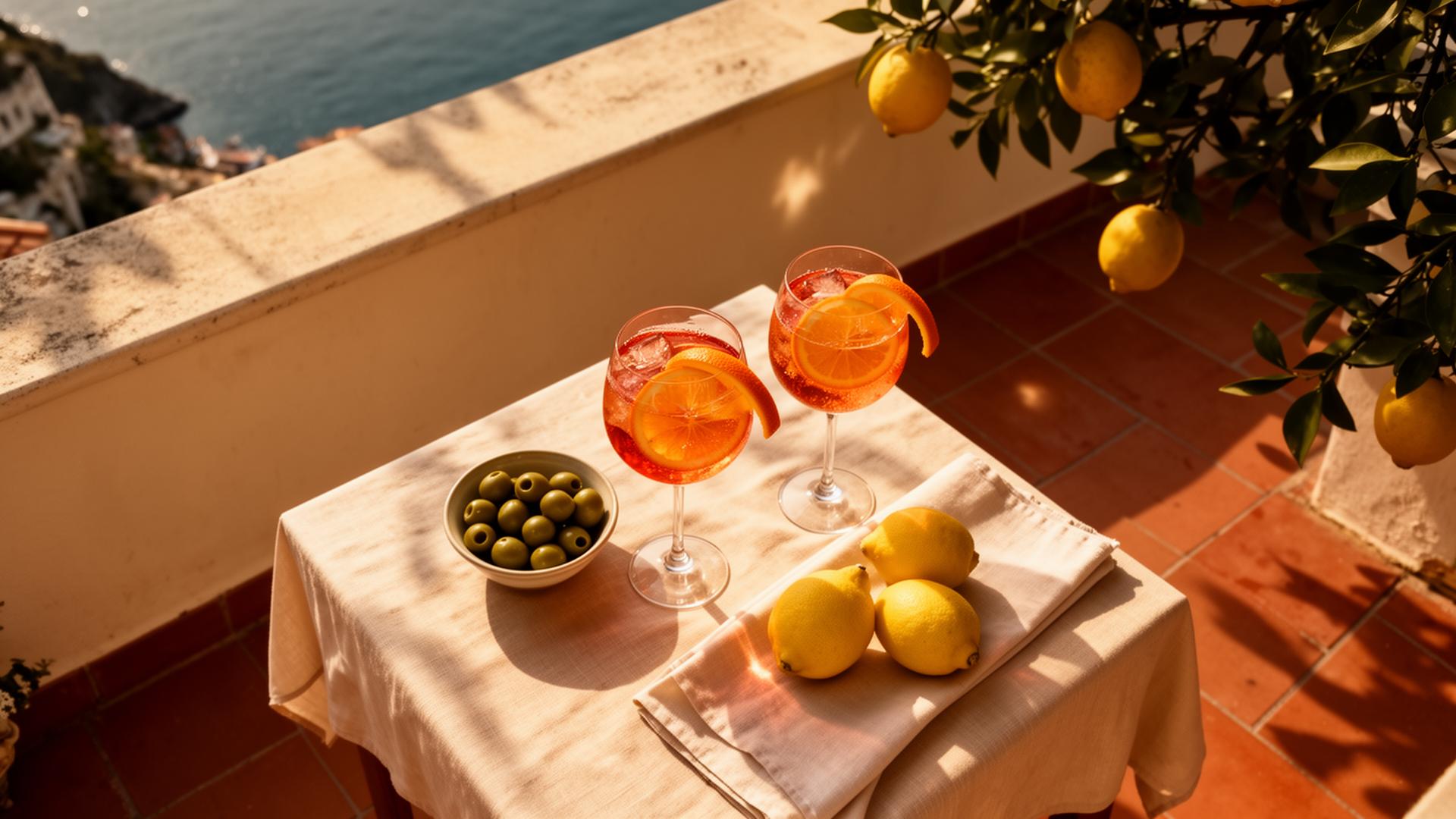 Italiaanse aperitivo tafel met spritz, olijven en citroenen op een terras