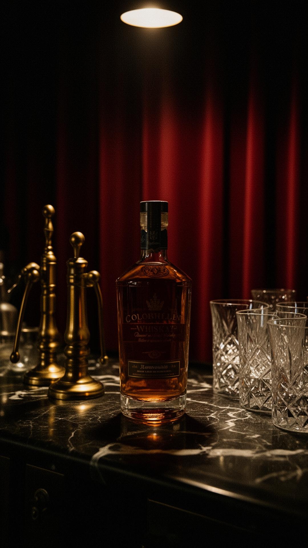 Donkere bar bij avond met fles tussen messing en kristal